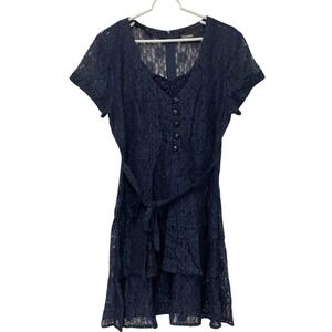 Dawn Joy Fashions Dress Navy Blue XS Floral Lace Overlay Tie‎ Waist Vintage